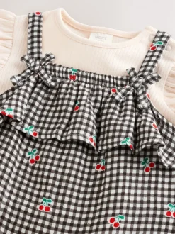 Zwart/wit geruite kers - Babyset van rompertje met korte mouwen en tuinbroek (0mnd -2jr)