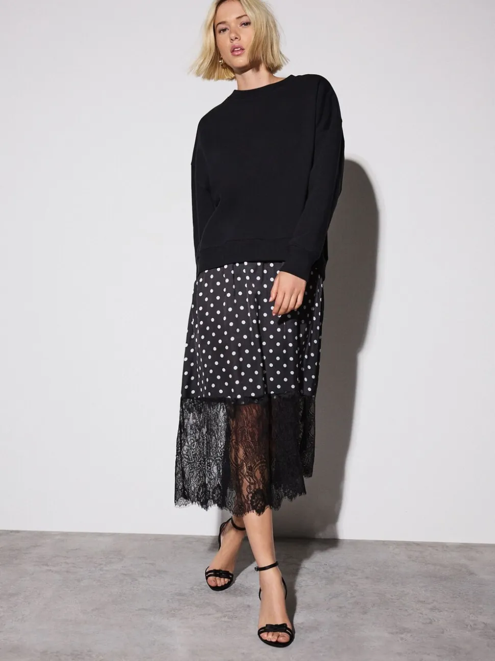Zwart-wit gestipt - 2-In-1 Sweatshirt met Satijnen Midi Rok