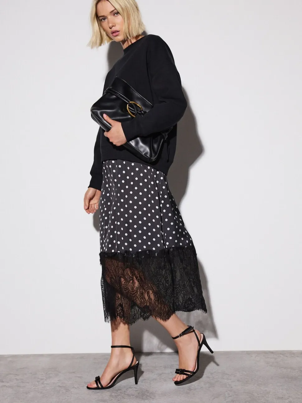 Zwart-wit gestipt - 2-In-1 Sweatshirt met Satijnen Midi Rok