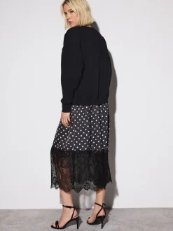 Zwart-wit gestipt - 2-In-1 Sweatshirt met Satijnen Midi Rok
