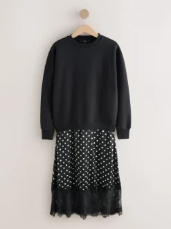Zwart-wit gestipt - 2-In-1 Sweatshirt met Satijnen Midi Rok
