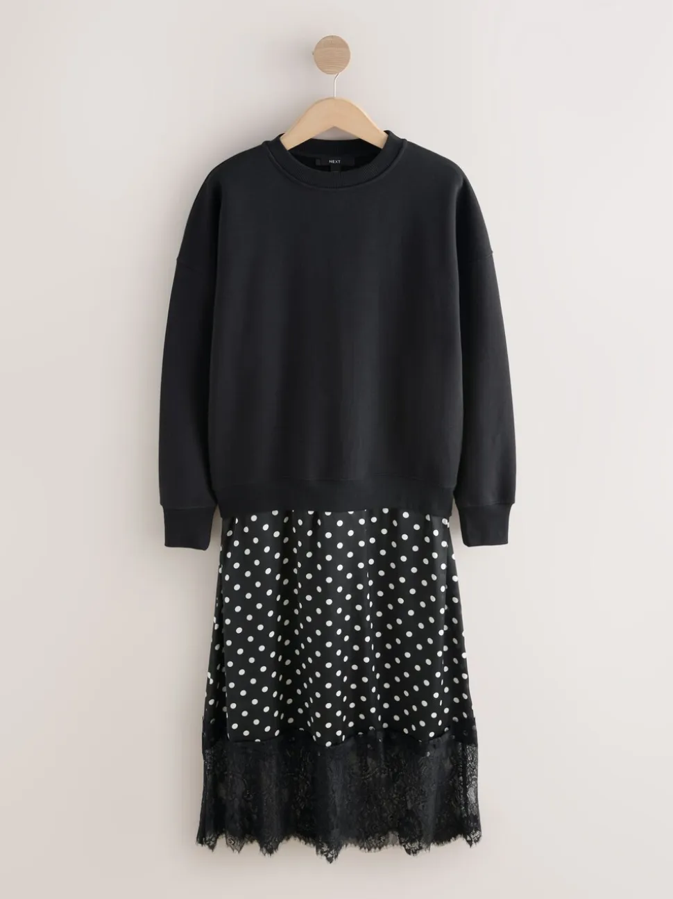 Zwart-wit gestipt - 2-In-1 Sweatshirt met Satijnen Midi Rok