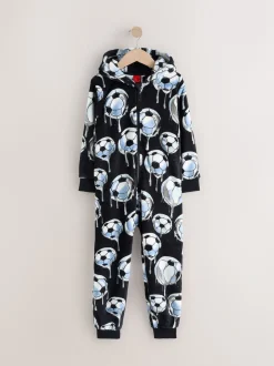 Zwart/wit met voetbal - All-in-ones fleece pyjama (3-16jr)