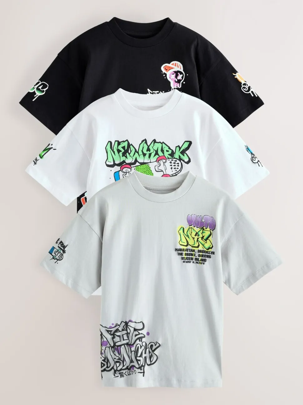 Zwart/wit/grijs - Verpakking van 3 relaxte T-shirts met grafische print en korte mouwen (3-16jr)