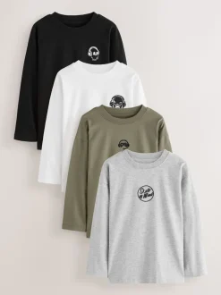 Zwart/wit/grijs gemêleerd/kaki - Long Sleeve Small Graphic T-Shirts 4 Pack (3-16yrs)