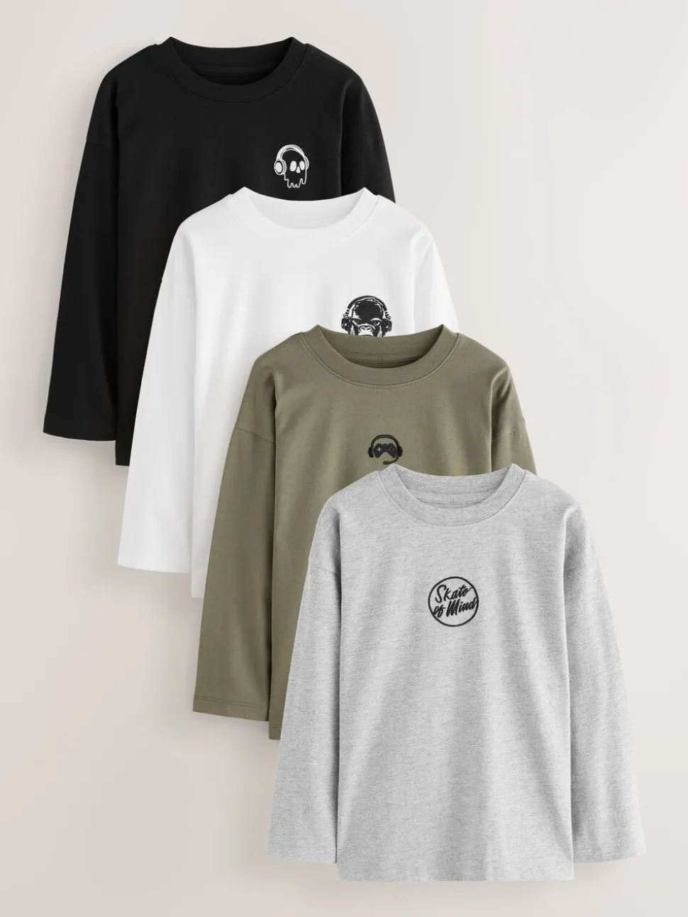 Zwart/wit/grijs gemêleerd/kaki - Long Sleeve Small Graphic T-Shirts 4 Pack (3-16yrs)