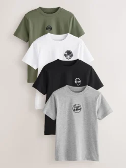 Zwart/wit/grijs gemêleerd/kaki - Verpakking van 4 T-shirts met kleine grafische print en korte mouwen (3 - 16 jr)