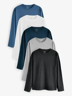 Zwart/Wit/Grijs/Blauw - Slim Fit - verpakking van 5 regular-fit T-shirts met lange mouwen van 100% katoen