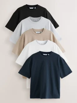 Zwart/wit/kiezelkleurig/marineblauw/grijs - Set van 5 ruimvallende dikke T-shirts