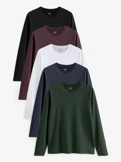 Zwart/wit/marineblauw/groen/bordeauxrood - Normale Pasvorm - verpakking van 5 regular-fit T-shirts met lange mouwen van 100% katoen