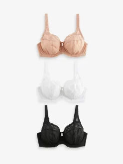 Zwart/wit/praline huidskleur - DD+ Beha's met volledige cups zonder vulling, set van 3 met kantversiering