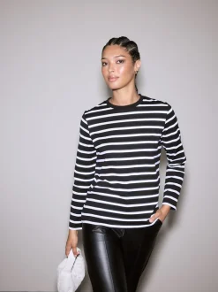 Zwart-witte streep - Dik T-shirt met lange mouwen en ronde hals