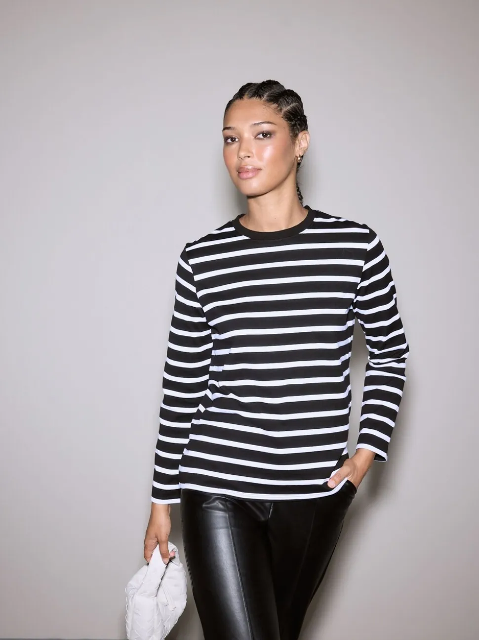 Zwart-witte streep - Dik T-shirt met lange mouwen en ronde hals