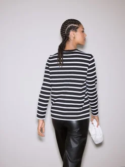 Zwart-witte streep - Dik T-shirt met lange mouwen en ronde hals